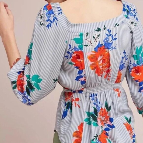 Anthropologie Maeve Lillorne Striped & Floral Button Blouse with Waist Tie - Picture 3 of 13
